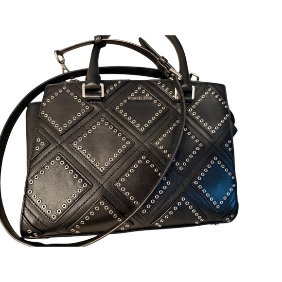 Michael Kors Diamond Grommet Selma Satchel Black Leather Handbag With Handles - Picture 1 of 12